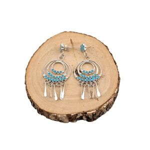 Zuni Michelle‎ Peina Turquoise Inlay Chandelier Drop Fringe Dangle Earrings**